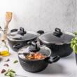 Set 3 oale din aluminiu turnat, marmorate, 20/24/28cm, cu capac, Klausberg