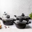 Set 3 oale din aluminiu turnat, marmorate, 20/24/28cm, cu capac, Klausberg