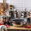 Set 12 piese inox, cu capac din sticla, 5 oale si o tigaie, gri, roze, Klausberg