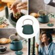  Ceainic din fonta cu strecuratoare, interior emailat, 1l, verde cu sclipici, elemente aurii, Kinghoff