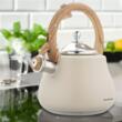 Ceainic, fierbator cu fluier, otel inoxidabil, bej cu elemente asemanatoare lemnului, 2,8 l, Klausberg