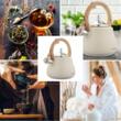 Ceainic, fierbator cu fluier, otel inoxidabil, bej cu elemente asemanatoare lemnului, 2,8 l, Klausberg