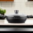 Oala joasa cu capac, din aluminiu, strat antiaderent, 20 cm capacitate 1.6 litri, neagra, Florina
