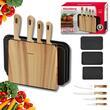 Set ustensile de bucatarie, 4 cutite din otel inoxidabil, 3 tocatoare negre, suport organizator cu efect de lemn, 8 piese, Klausberg