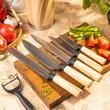 Set 5 cutite de bucatarie din otel inoxidabil cu suport si curatator de legume, manere ergonomice, Klausberg