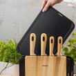 Set ustensile de bucatarie, 4 cutite din otel inoxidabil, 3 tocatoare negre, suport organizator cu efect de lemn, 8 piese, Klausberg