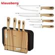 Set ustensile de bucatarie, 4 cutite din otel inoxidabil, 3 tocatoare negre, suport organizator cu efect de lemn, 8 piese, Klausberg