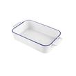 Vas termorezistent din ceramica dreptunghilar pentru cuptor, 27 cm, capacitate 1.5 litri, alb cu margine albastra, Yucca Florina
