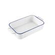 Vas termorezistent din ceramica dreptunghilar pentru cuptor, 27 cm, capacitate 1.5 litri, alb cu margine albastra, Yucca Florina