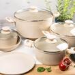 Set oale gatit, 12 piese, aluminiu cu invelis marmorat, 28/24/20/16 cm, crem, Klausberg