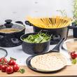 Set de 7 piese, oale si tigaie pentru clatite, aluminiu turnat si strat antiaderent marmorat, negru, Klausberg