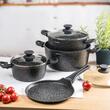 Set de 7 piese, oale si tigaie pentru clatite, aluminiu turnat si strat antiaderent marmorat, negru, Klausberg