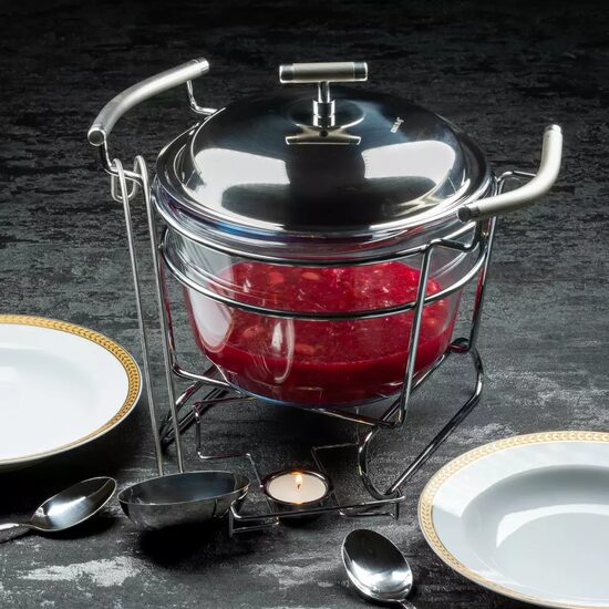 Vas termorezistent, capac inox, cu incalzitor pentru mancare, chafing dish cu lumanare, 4L, Kinghoff