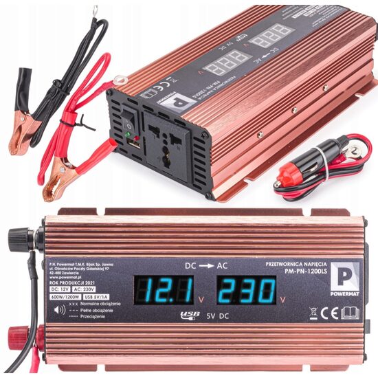 Convertor de tensiune auto, invertor tensiune LCD 12V 1200 W, Powermat