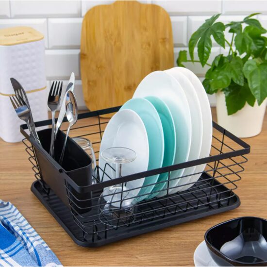 Suport pentru vase din otel si plastic, cu tavita, negru 36,3x30,2x14,5 cm, Kinghoff 