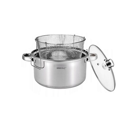 Oala din inox cu sita-cos pentru prajit, cu capac sticla, 24 cm 5.5l itri Kinghoff