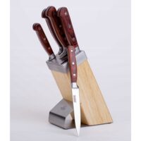 Set cutite Inox, 6 piese, suport patrat din lemn, mâner Pakka maro, KingHoff