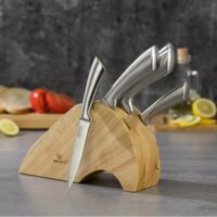 Set cutite Inox, 6 piese, suport din lemn semirotund, KingHoff