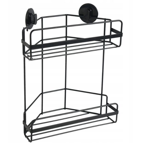 Etajera baie dubla, neagra, din otel, prindere cu ventuze, dimensiuni 26 x 30,3 x 14,5 cm, Sepio