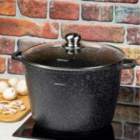 Oala din aluminiu turnat, cu strat marmorat, cu capac din sticla, 24 cm, 6.2 litri, negru, Kinghoff