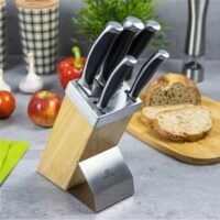 Set cutite Inox, 6 piese, suport patrat din lemn, maner ABS gri cu negru, KingHoff