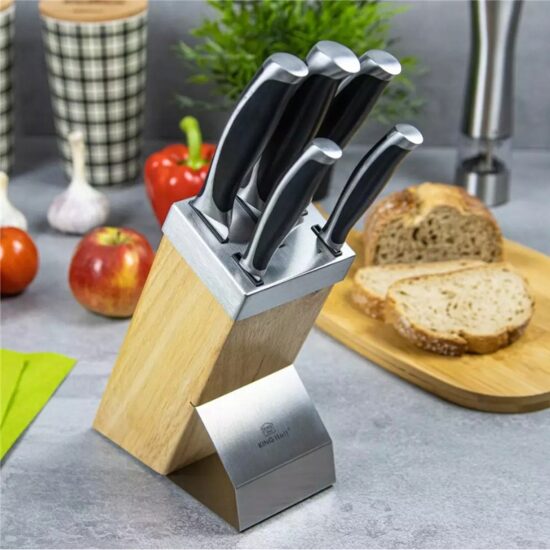 Set cutite Inox, 6 piese, suport patrat din lemn, maner ABS gri cu negru, KingHoff