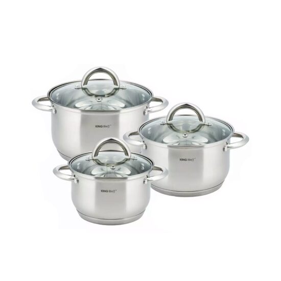 Set de 3 oale din inox cu capac sticla, dimensiuni 16cm, 18cm, 20 cm, gri, Kinghoff