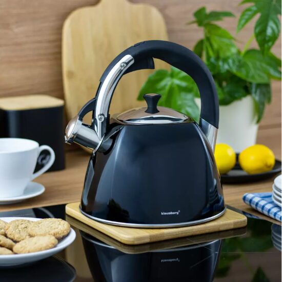  Fierbător tradițional cu fluier fabricat din inox, ceainic 3 litri, 14-24.5 cm, negru, Klausberg