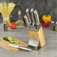 Set cutite Inox, 6 piese, suport patrat din lemn, KingHoff