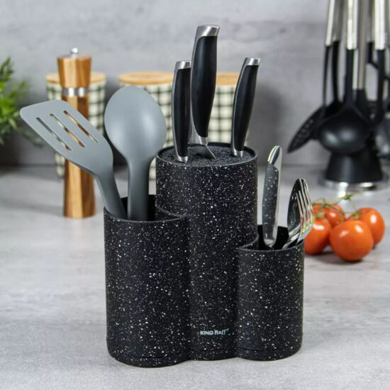 Suport ustensile bucatarie, 3 in 1, recipient cutite, tacamuri, polonice, negru, KingHoff 