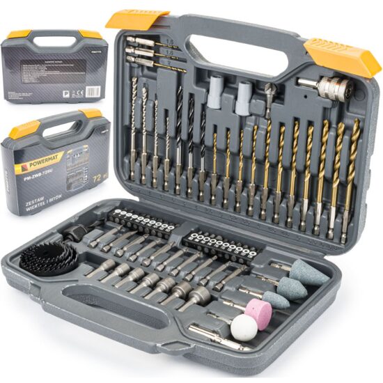 Trusa de bituri, biti, burghie, surubelnite pentru beton, lemn, 72 piese, Powermat
