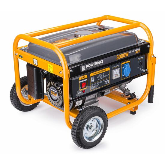Generator curent electric 3000 W, 3 KW, 220 V, Stabilizator de tensiune (AVR), Monofazat, protectie suprasarcina, roti si manere pentru transport, Powermat