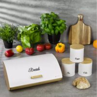 Set cutie paine din bambus cu capac otel si 3 recipiente pentru bucatarie, alb, Kassel