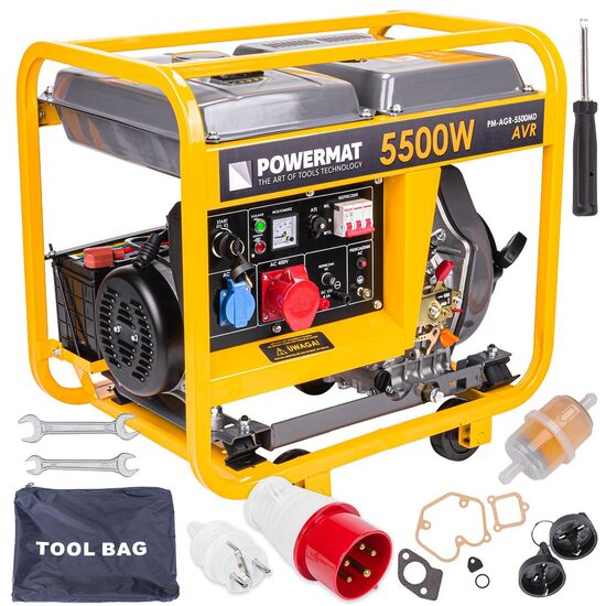 Generator de curent pe motorina 5,5 kW, pornire la cheie, 2 in 1, monofazic si trifazic, motor in 4 timpi 10CP, stabilizator de tensiune AVR, Powermat