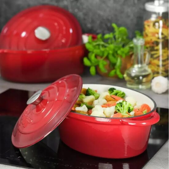 Oala din fonta emailata 4.5 litri, 30cm ovala, cratita cu capac, rosu, KingHoff