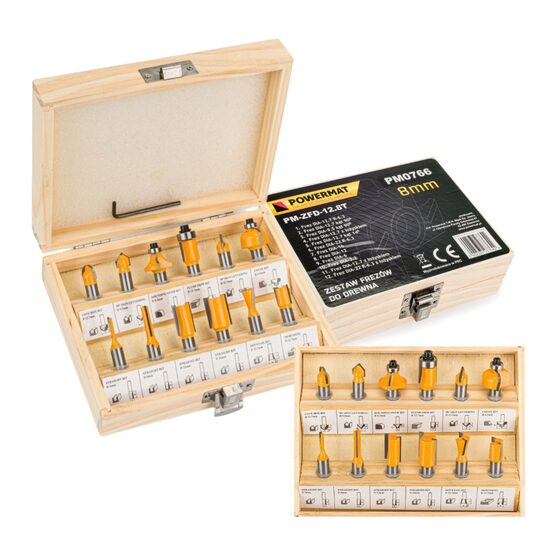 Set 12 freze lemn profesionale pentru freza, oberfreza prindere 8 mm, Powermat