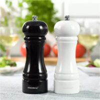  Set de 2 rasnite pentru sare, piper si alte condimente, din lemn masiv, reincarcabile, 5,5x16,3 cm, mecanism de reglabil, alb negru,  Klausberg