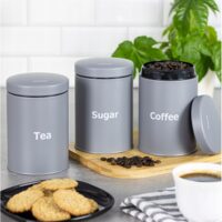 Set de 3 recipiente cafea, zahar si ceai, din otel, gri 11,5x11,5x15 cm, Klausberg