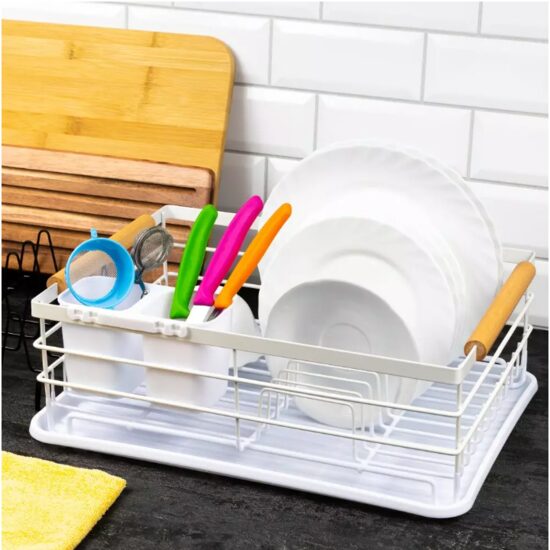 Suport pentru vase, metalic, manere lemn, 42,5x32x15,5cm, alb, KingHoff