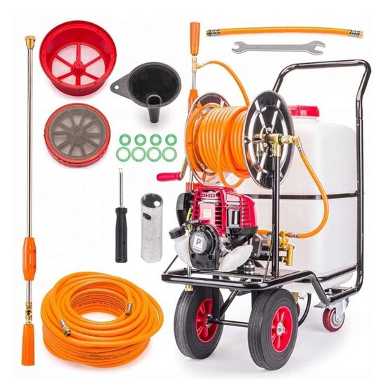 Pompa stropit cu rezervor 60L, furtun 28m, pulverizator cu motor in 4 timpi 1.4 CP, Powermat 