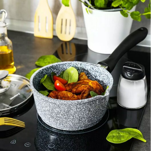 Cratita cu capac si coada, din aluminiu acoperita cu marmura, 1.3litri, 16cm, gri, Klausberg
