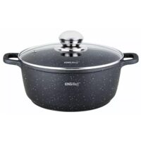 Cratita din aluminiu turnat, cu strat marmorat, cu capac din sticla, 26 cm, 5.6 litri, negru, Kinghoff