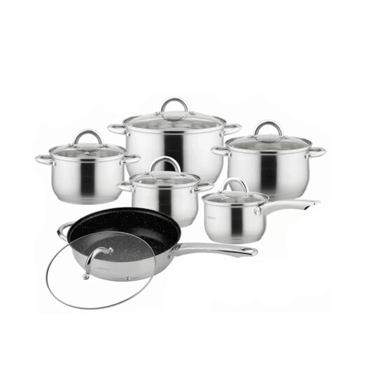 Set de 5 oale din inox cu capac plus o tigaie marmorata cu capac, gri, Kinghoff