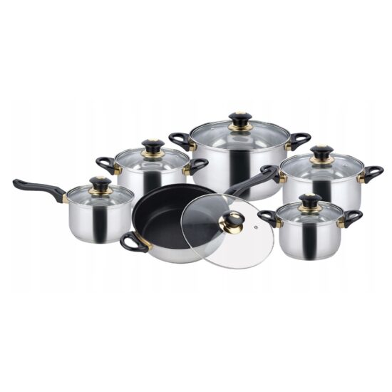 Set de 12 elemente din inox cu capac 16 cm, 18cm, 20cm, 24cm, plus o tigaie marmorata cu capac 24cm, gri, Kinghoff
