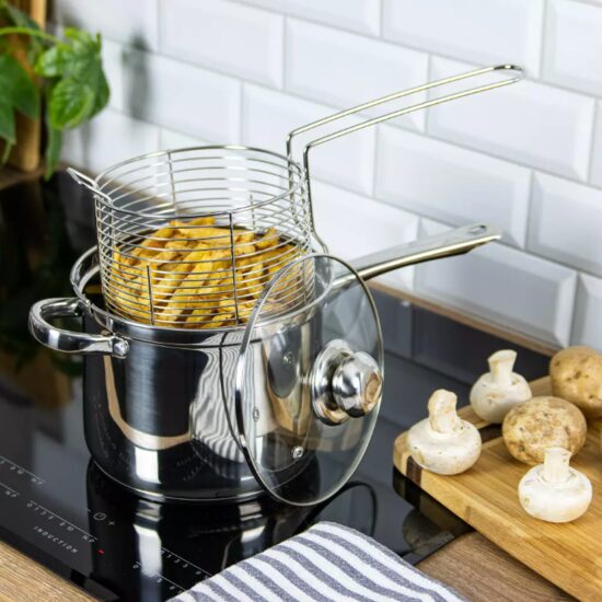 Cratita cu capac si cos pentru prajit, din inox capacitatate 3.6 liri 15-18 cm, Kinghoff