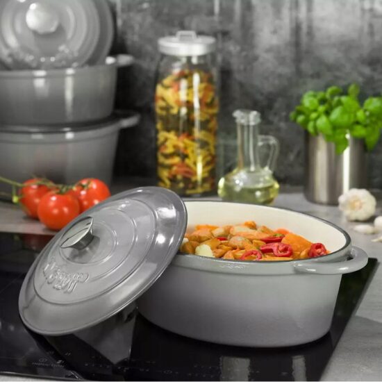 Oala din  fonta emailata 6.2 litri, 33cm cratita cu capac, ovala, gri, KingHoff