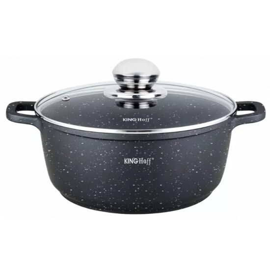 Cratita din aluminiu turnat, cu strat marmorat, cu capac din sticla, 24 cm, 4.5 litri, negru, Kinghoff