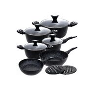 Set 6 oale din aluminiu turnat, cu strat marmorat, capac sticla, 16, 20,24,28cm, negru, Klausberg