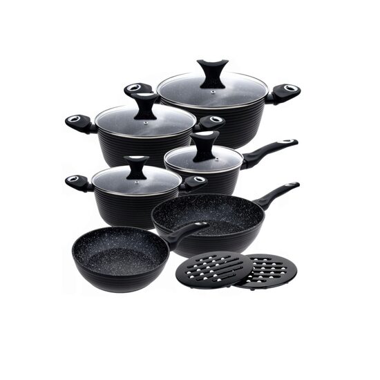 Set 6 oale din aluminiu turnat, cu strat marmorat, capac sticla, 16, 20,24,28cm, negru, Klausberg
