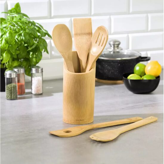 Set de 6 ustensile de bucatarie cu recipient, bambus, Kinghoff